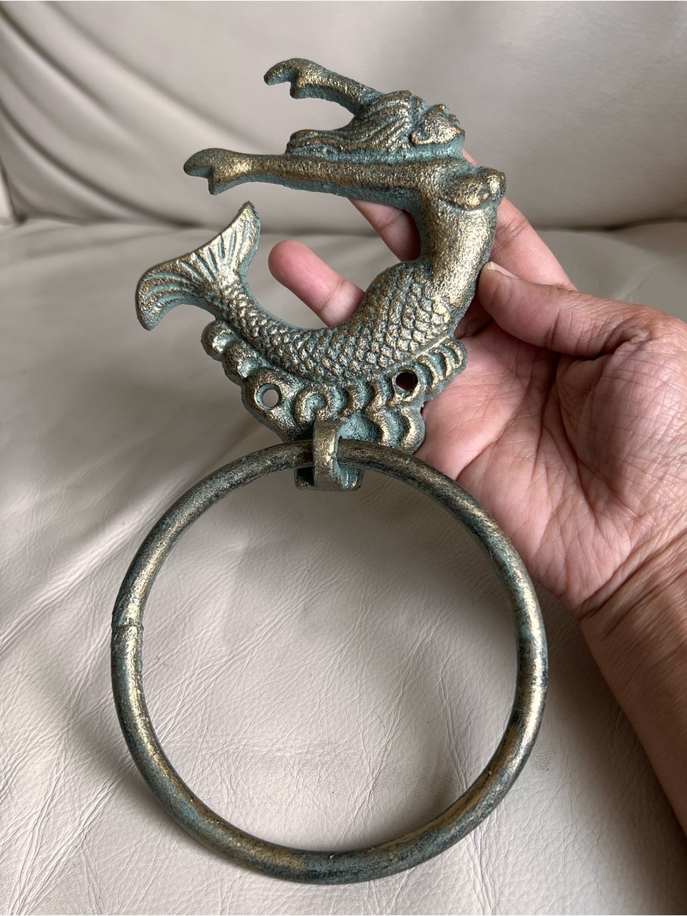 Antique-Style Mermaid Ring Wall Hook - Bronze Green Nautical Decor